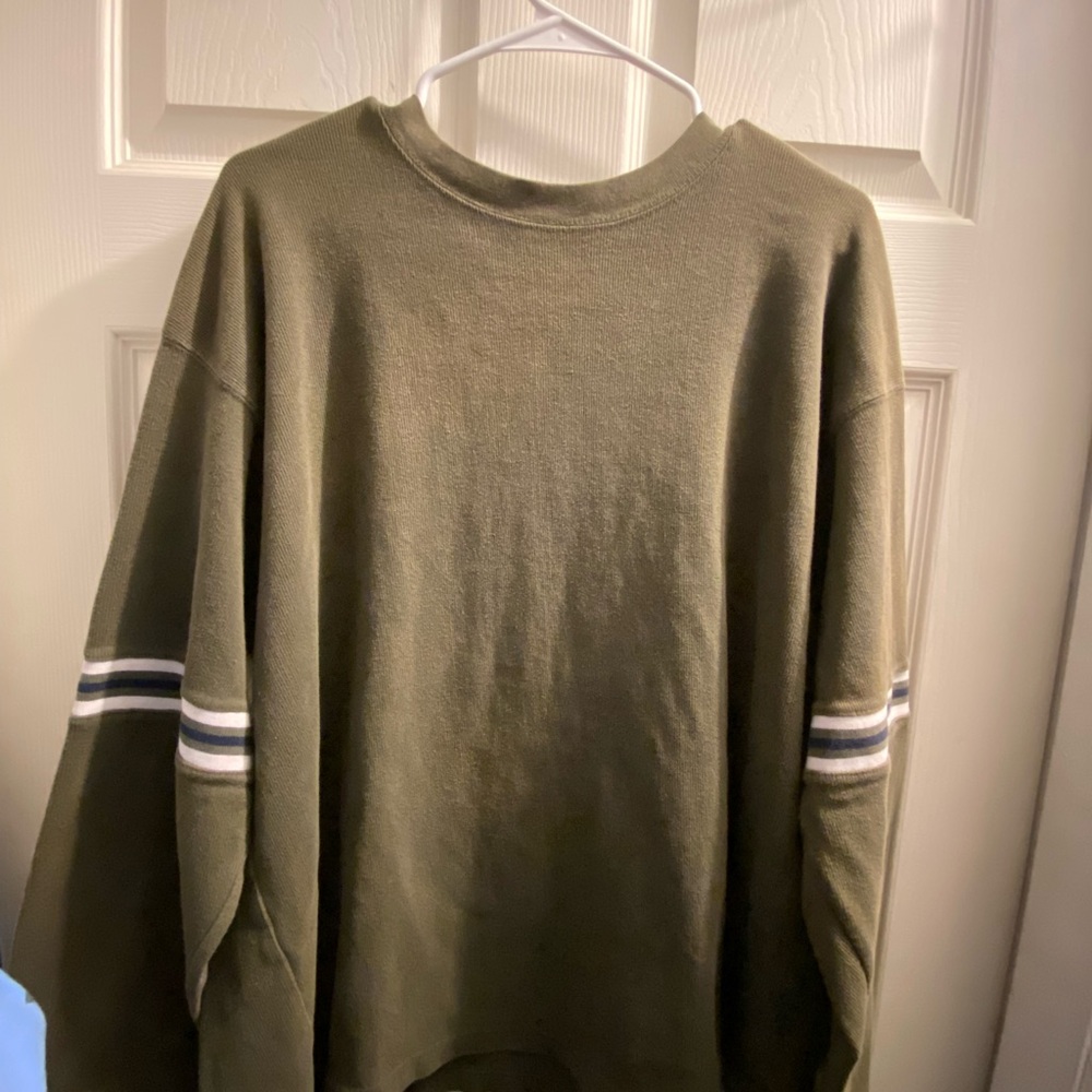 Men's Olive Green Sweater with Striped Sleeves - Vintage Faded Glory